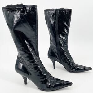 Vintage Miu Miu Black Patent Leather Pointed Toe Mid Calf Heel Boots IT 38.5